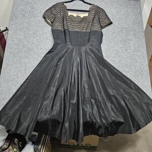 1950s 1960s Vintage Cocktail Dress Scalloped Neck Black Mid S/M *see Measurement